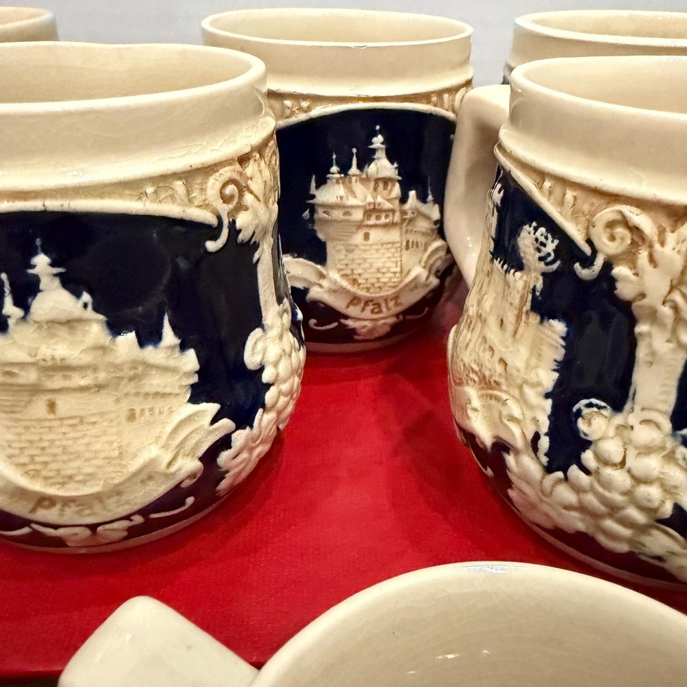 Cobalt Blue German Salt Glazed Mugs Stoneware Castle Decor Vintage